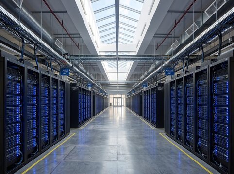 A modern data center corridor lined with server racks glowing with blue lights beneath a bright industrial skylight ceiling.