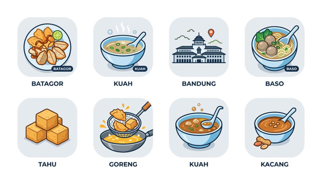 Indonesian Food Icons: Batagor, Kuah, Baso, Tahu, Goreng, Bandung Cityscape