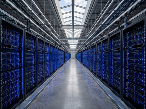 A modern data center corridor lined with server racks glowing with blue lights beneath a bright industrial skylight ceiling.