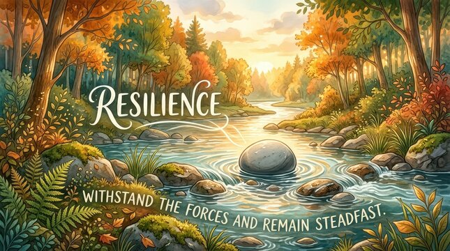 Autumn forest river with inspirational 'Resilience' text and quote about steadfastness in nature