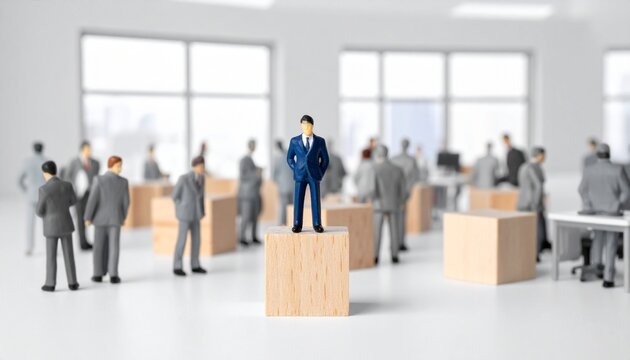 "Blue figurine leader standing before group"