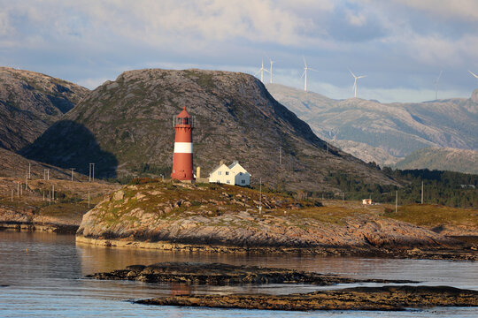 Buholmrasa lighthouse on the island of Sonnaholmen in late sunshine, Norway 