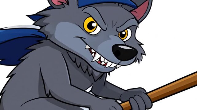 A cartoon wolf wearing a wizard hat flies on a broom