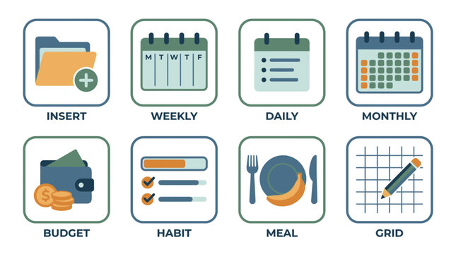 Planner Icons: Schedule, Budget, Habit, Meal, Grid, Insert, Weekly, Daily, Monthly