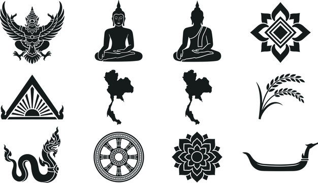 Thailand Cultural Heritage Icon Set Featuring Buddha Statues Garuda Naga and Traditional Thai Silhouette Elements