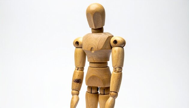 "Wooden artist mannequin standing upright"