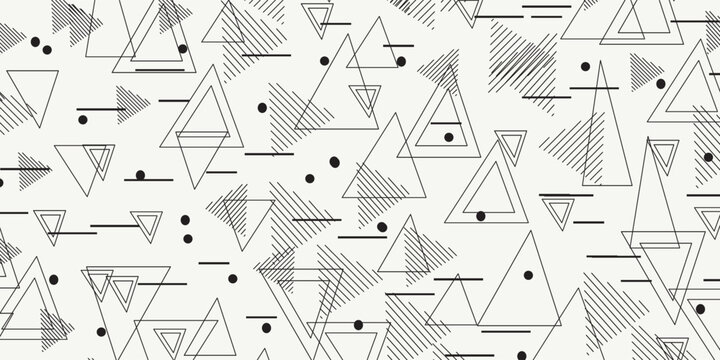 Retro memphis geometric line shapes seamless patterns. Hipster fashion 80-90s. Abstract jumble textures. Black and white. Triangle. Memphis style for printing, website, fabric, poster, cards EPS10.