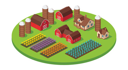 Isometric Farm Scene With Buildings And Fields Vector Illustration © Ramkrisna