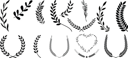 Laurel wreath collection vector set. Classic Roman Greek victory laurel branches, black olive leaf garlands, award emblem elements, elegant prestige heraldic symbol bundle for logo badge label design © Asma