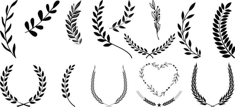 Laurel wreath collection vector set. Classic Roman Greek victory laurel branches, black olive leaf garlands, award emblem elements, elegant prestige heraldic symbol bundle for logo badge label design