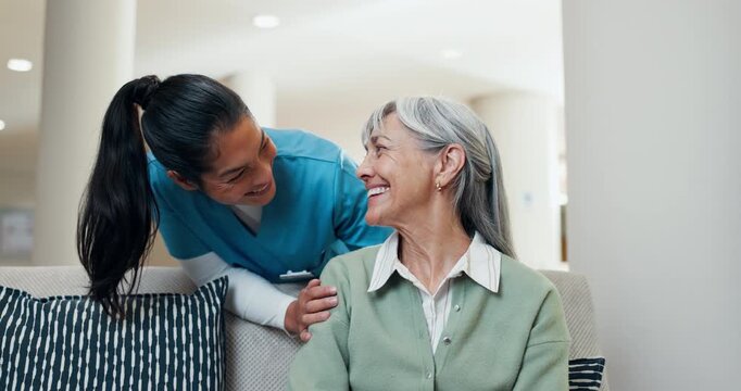 Happy, caregiver and old woman at house with checkup, support and medical trust for wellness. Smile, nurse or senior person in home with respect, assisted living and gratitude for healthcare services