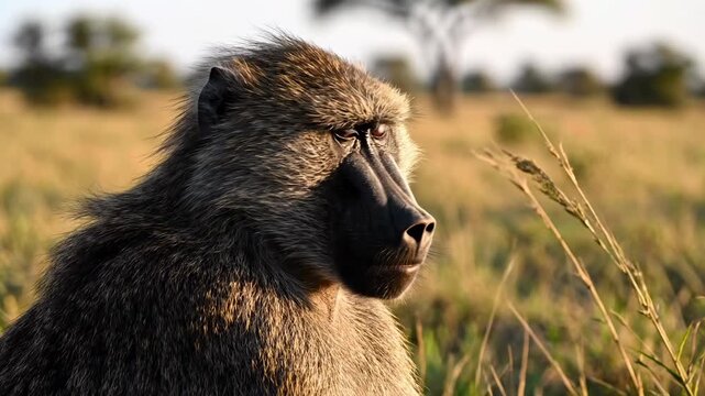 A wild baboon observes the savanna landscape with focused attention while the warm golden sunlight enhances its textured fur and prominent facial features during a peaceful afternoon in Africa