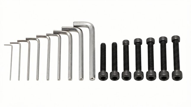 Professional-grade metal hardware set including various sized hex wrenches and matching black bolts with precise detailing on a clean white background