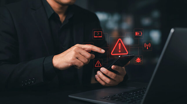 Businessman pointing at malware warning alert icon on smartphone screen