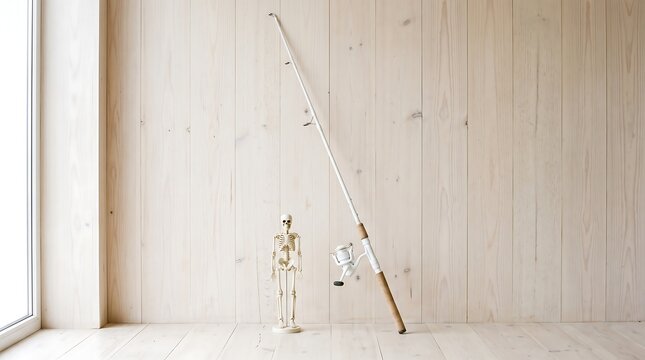 Minimalist fishing rod with spinning reel leaning against a light wood wall. Modern angling gear and human skeleton model in a bright interior studio, hobby and sport concept. 2026