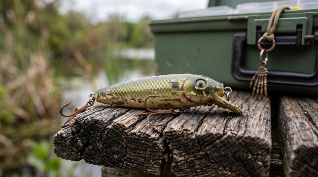 Vintage fishing lure with gold scales on weathered wooden dock, antique artificial bait and green tackle box by lake, professional angling equipment for outdoor recreation. 2026