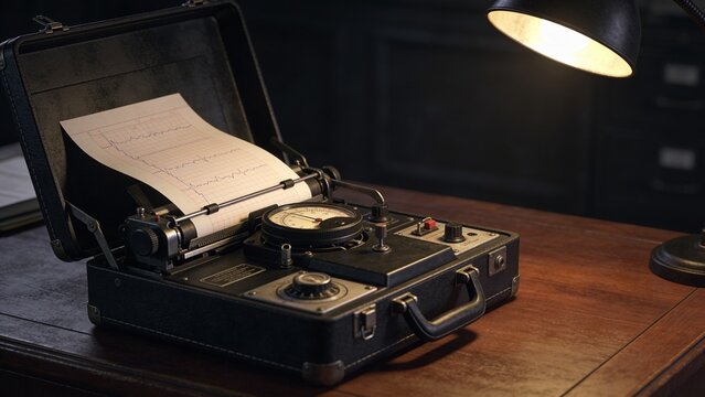 Vintage polygraph lie detector machine with paper output in dark office