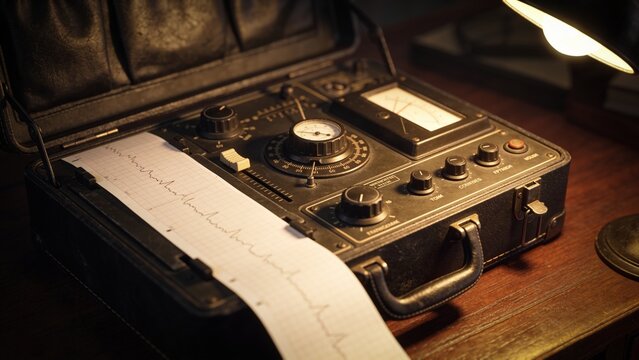 Close up of vintage polygraph machine with paper graph on desk, polygraph