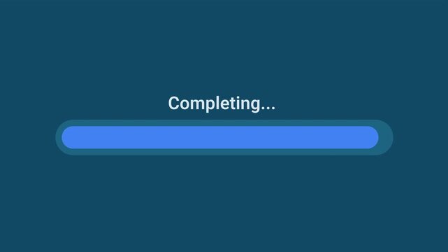 Animated motion graphics showing a blue progress bar completing over a transparent alpha channel background. Represents a system finalization phase, download finish, or software task resolution.