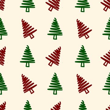 Hand Drawn Christmas Tree Seamless Pattern in Red and Green on Cream Background