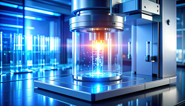 Futuristic Energy Reactor in Advanced Laboratory with Blue Illumination.