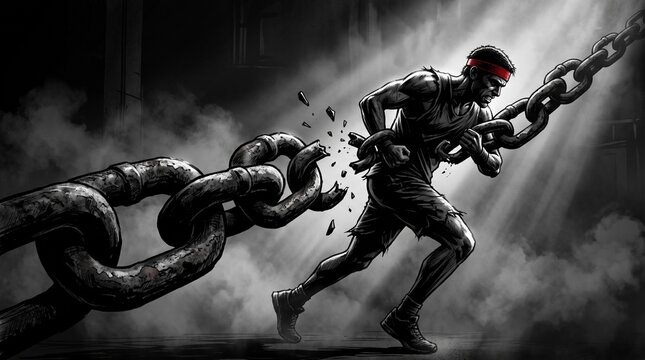 Determined athlete breaking giant chain symbolizing mental strength and overcoming limits in dark graphic novel style
