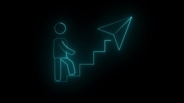 Black icon for Next level. Next level Glowing neon text animation on technology grid background.