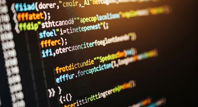 Close-up view of computer code on a dark screen with colorful syntax highlighting, representing programming and software development