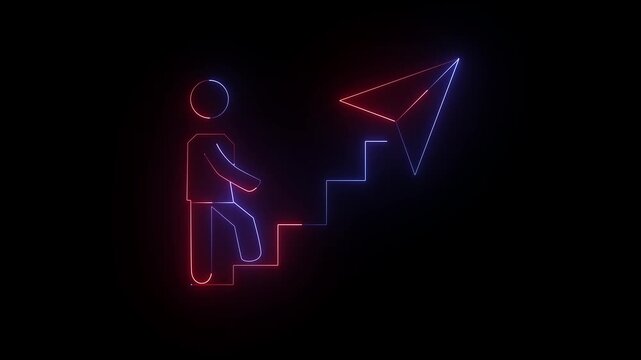 Black icon for Next level. Next level Glowing neon text animation on technology grid background.