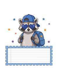 Cute raccoon student character with blue backpack and heart sunglasses, back to school animal illustration, blank lined notepad frame for text © Dreamy Art