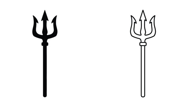 Trident Icon Set with Mythological Weapon and Devil Fork Symbols in Solid Black and Outlined Styles