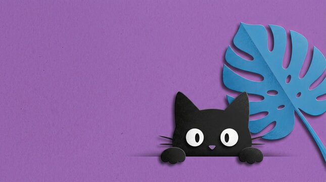 Cute Minimalist Black Cat Peeking Illustration on Purple Background with Monstera Leaf