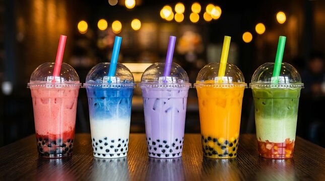 Assorted Colorful Bubble Tea with Tapioca Pearls in Plastic Cups on Wooden Table