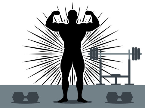 Bodybuilder Silhouette Flexing Muscles in Gym with Weightlifting Equipment and Sunburst Background