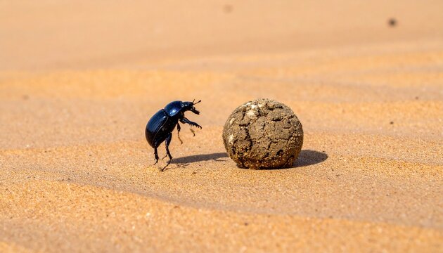 Dung beetle pushing sand and dung ball