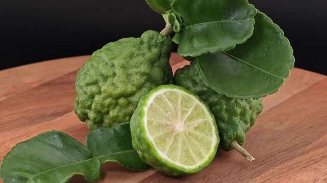 Sliced kaffir lime on wooden board. Zoom in.