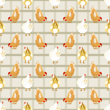 Seamless pattern with white and brown hens, farmhouse style chicken repeat background on plaid texture for rustic textile and kitchen decor