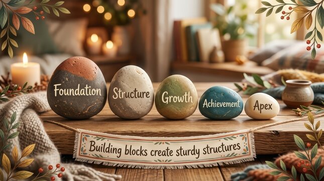 Conceptual stones representing foundation, structure, growth, achievement, and apex on a rustic wooden table with candles and autumn decor