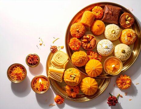 Premium Indian Sweets Assortment on Traditional Brass Platter with Kaju Katli, Motichoor Laddu, Barfi and Peda, Festive Diwali Mithai Flat Lay on White Background