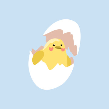 Cute newborn chick hatching from egg, funny little bird character for Easter holiday design