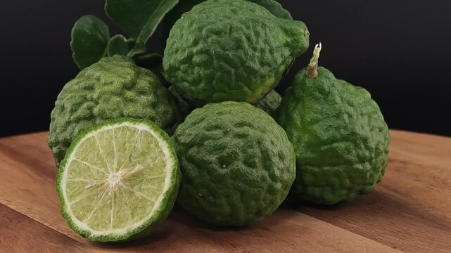 Sliced kaffir lime on wooden board.