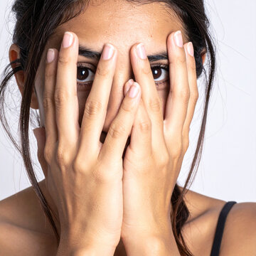 Mujer joven cubri&eacute;ndose el rostro con las manos mirando de frente con expresi&oacute;n de miedo, ansiedad, inseguridad o sorpresa. Concepto de violencia de genero, salud mental, ansiedad y estr&eacute;s