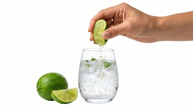 Close-up of a hand squeezing fresh lime juice into a glass of sparkling water with ice cubes and lime slices on white background