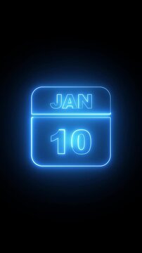 Glowing neon calendar date january 10th animation on black background