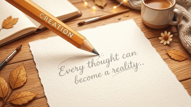 Creative writing inspiration: A pencil with the word 'Creation' and a quote about turning thoughts into reality on a wooden desk.