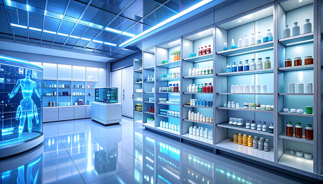 Futuristic Laboratory with Glowing Blue Lights and Scientific Displays.