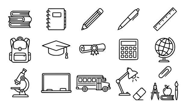School and Education Line Art Icon Collection with Essential Learning and Study Items