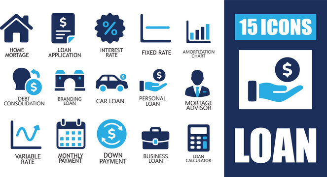 A set of 15 blue and black icons representing various types of loans and financial concepts like mortgage, interest rates, payments, and advisors. loan,finance,banking,money,credit,mortgage,interest