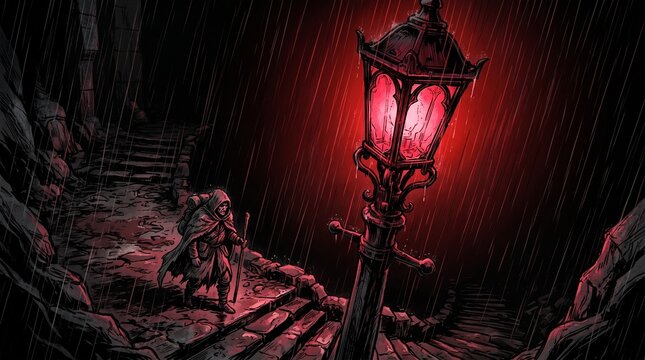 Lone traveler walking toward giant glowing lamppost symbolizing hope and perseverance
