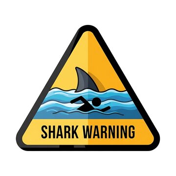Yellow warning triangle sign with shark illustration and text.